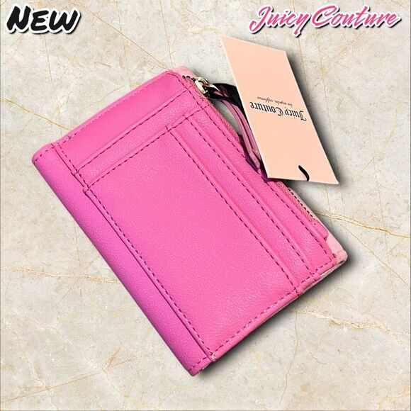 New NWT Juicy Couture “Juicy” Pink Velour & Faux Leather Trifold Wallet - Picture 4 of 6